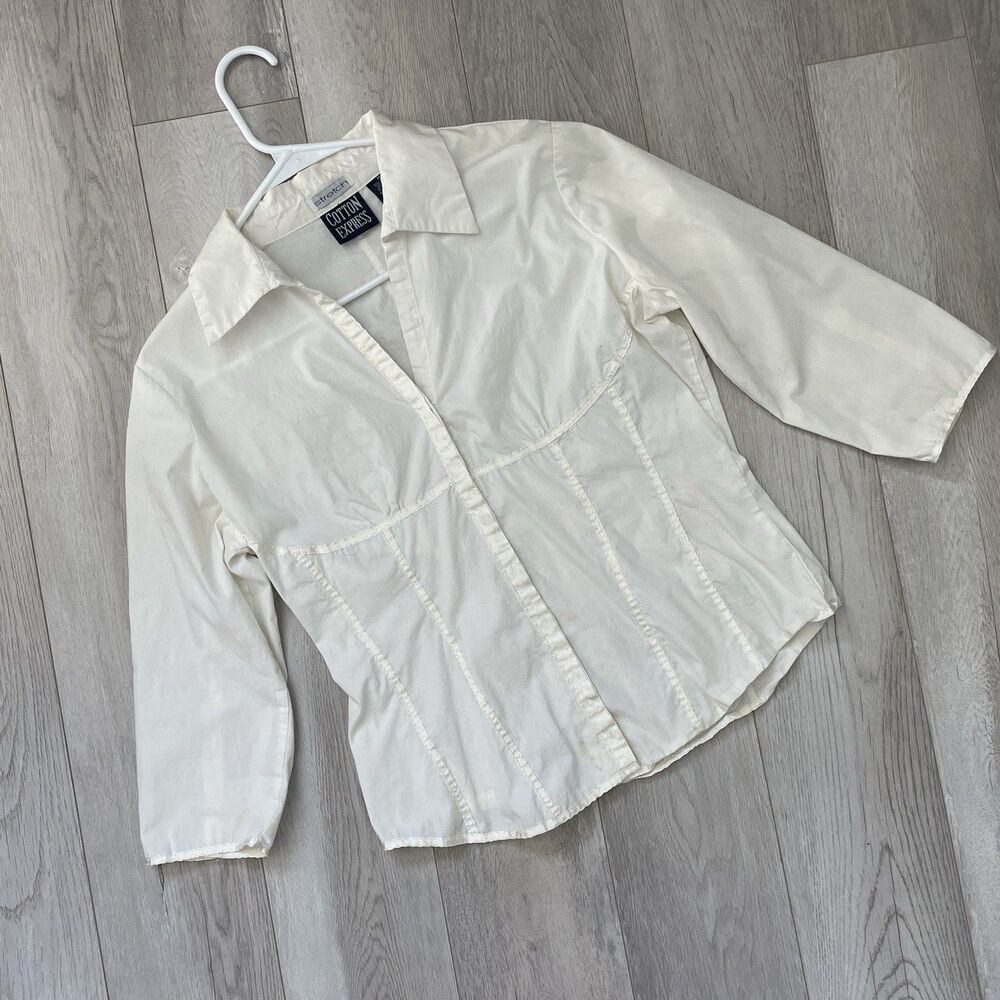 Office Siren Shirt cotton corset buttonup crop womens White (medium) y2k vintage